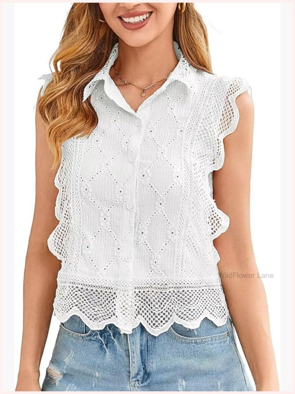 Button Down Babydoll Tank Top Sleeveless Ruffle Blouse Eyelet Summer Casual